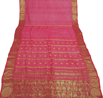 Sushila Vintage Red Saree 100% Pure Cotton Zari Woven Floral Sari Craft Fabric