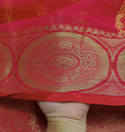 Sushila Vintage Red Saree 100% Pure Cotton Zari Woven Floral Sari Craft Fabric