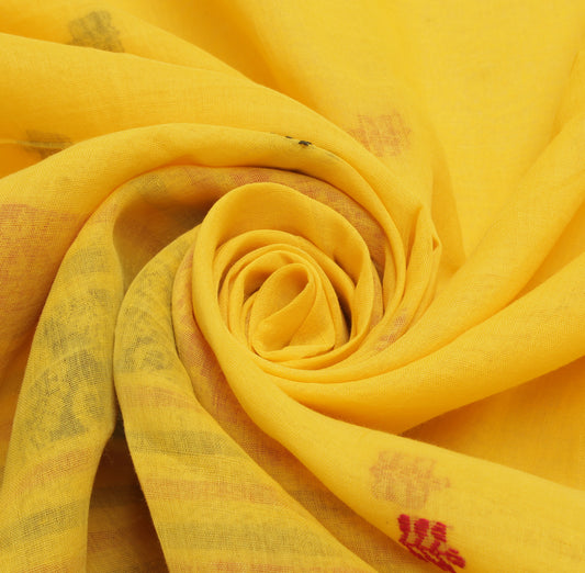 Sushila Vintage Yellow Saree 100% Pure Cotton Woven Floral Sari Craft Fabric