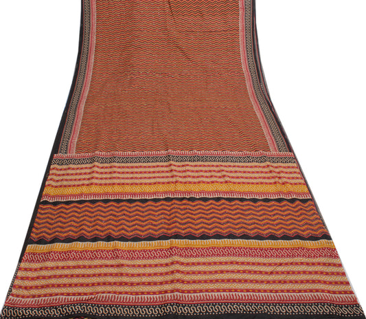 Sushila Vintage Multi-Color Saree Pure Silk Printed Zig-Zag Sari Craft Fabric
