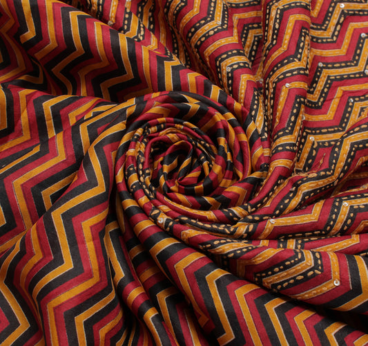 Sushila Vintage Multi-Color Saree Pure Silk Printed Zig-Zag Sari Craft Fabric