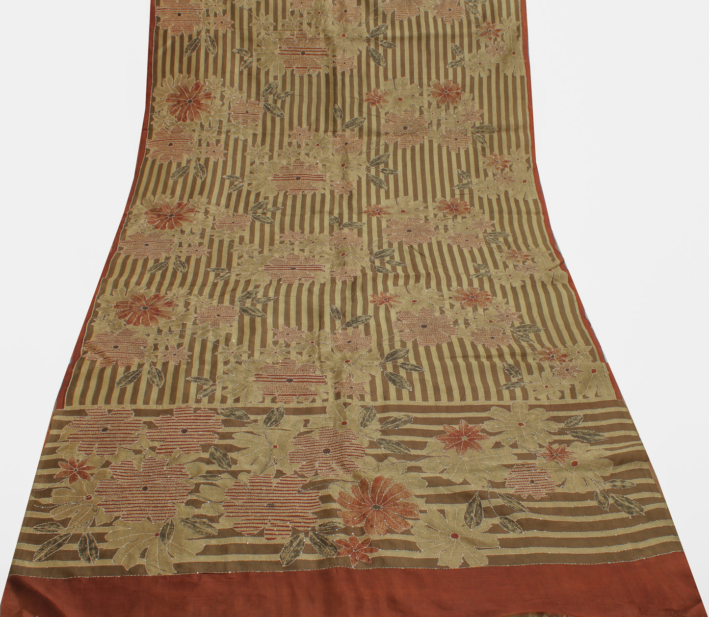 Sushila Vintage Brown Saree 100% Pure Silk Printed Floral Sari Craft Fabric