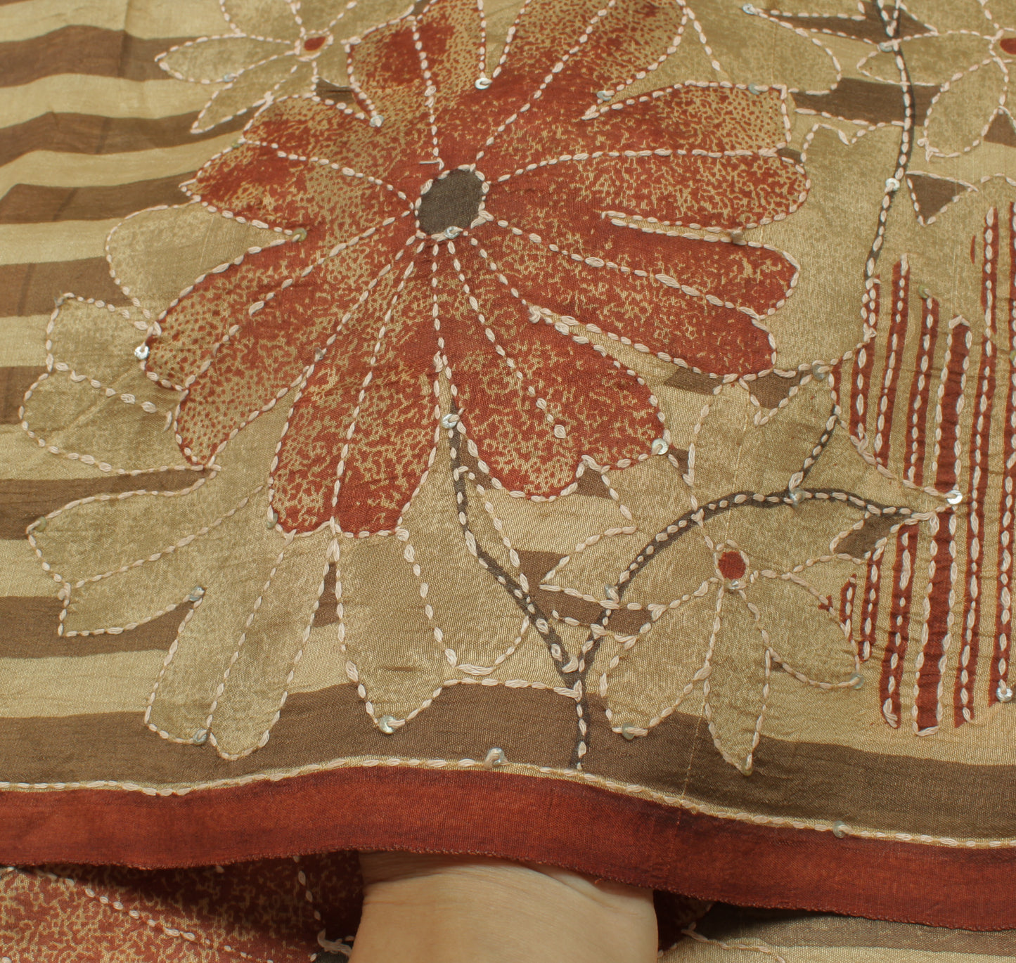 Sushila Vintage Brown Saree 100% Pure Silk Printed Floral Sari Craft Fabric