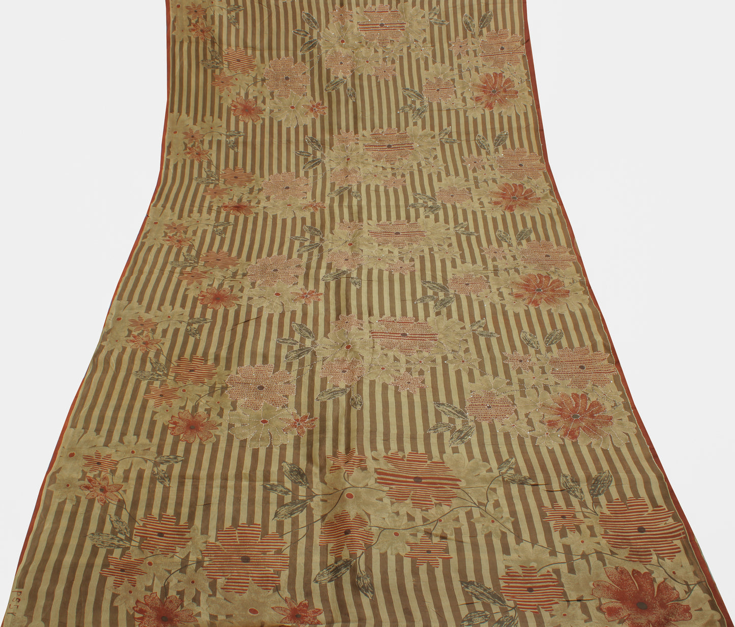 Sushila Vintage Brown Saree 100% Pure Silk Printed Floral Sari Craft Fabric