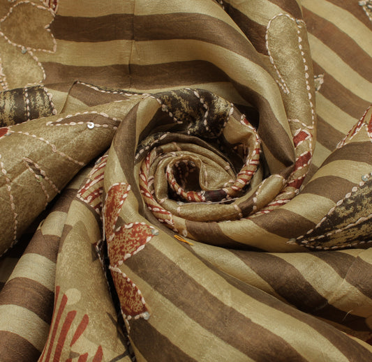 Sushila Vintage Brown Saree 100% Pure Silk Printed Floral Sari Craft Fabric