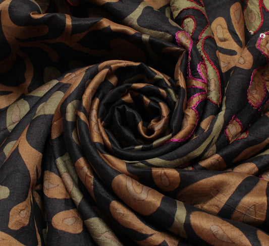 Sushila Vintage Black Saree 100% Pure Silk Printed Sari Craft Decor Fabric