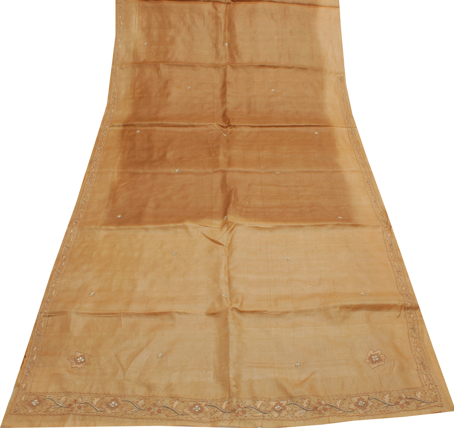 Sushila Vintage Brown Saree Pure Silk Hand Beaded Zardozi Floral Sari Fabric