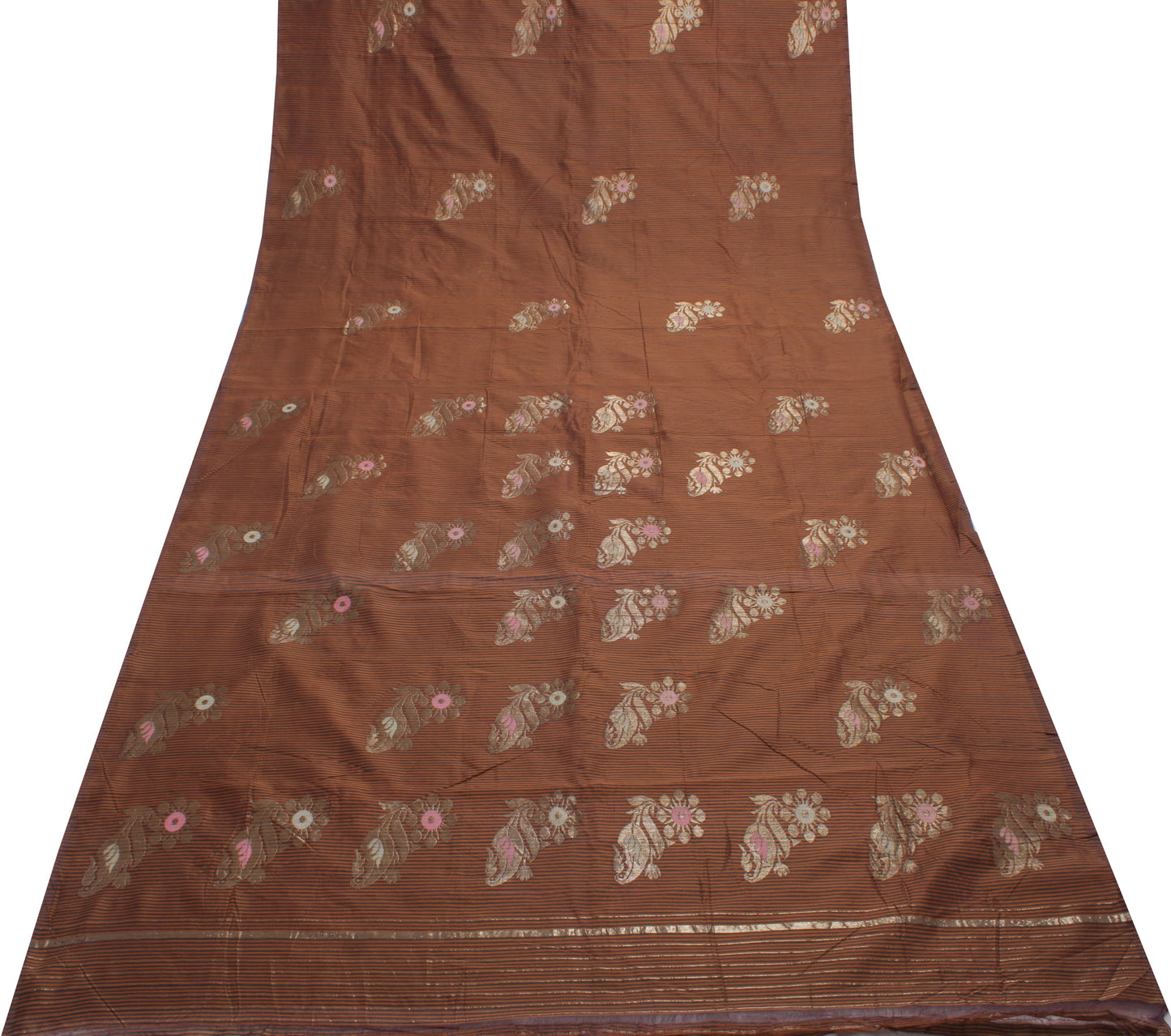 Sushila Vintage Brown Saree Blend Silk Woven Floral Sari Craft 5 Yard Fabric