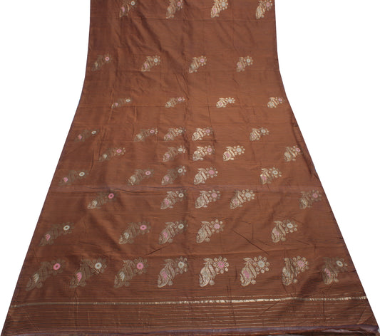 Sushila Vintage Brown Saree Blend Silk Woven Floral Sari Craft 5 Yard Fabric