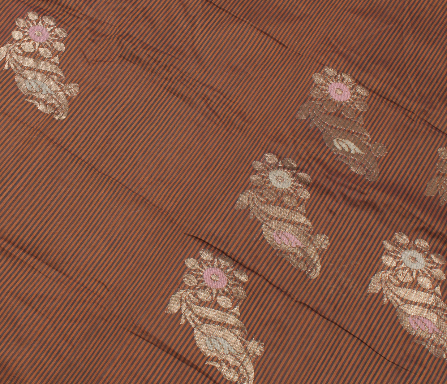 Sushila Vintage Brown Saree Blend Silk Woven Floral Sari Craft 5 Yard Fabric