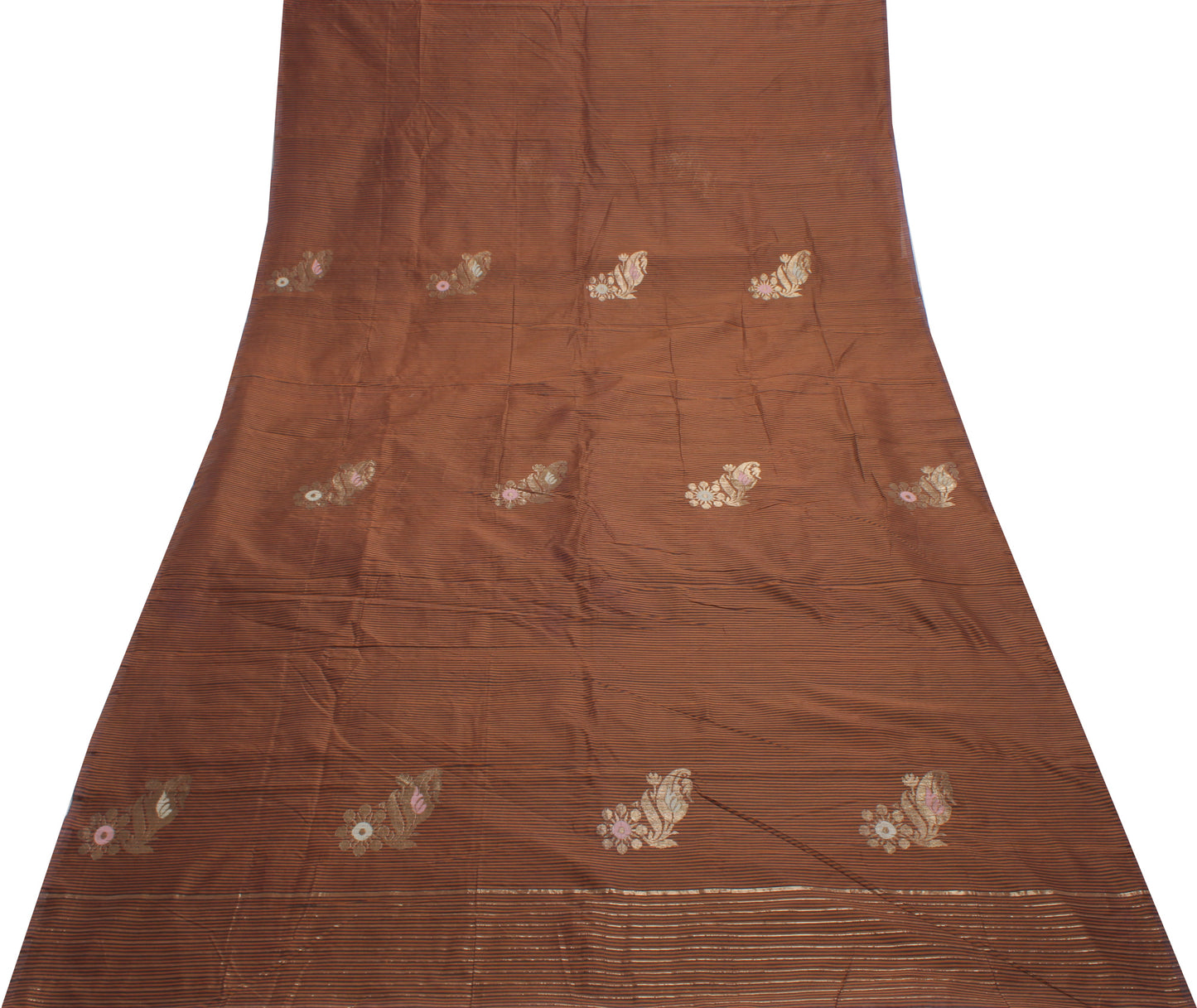 Sushila Vintage Brown Saree Blend Silk Woven Floral Sari Craft 5 Yard Fabric