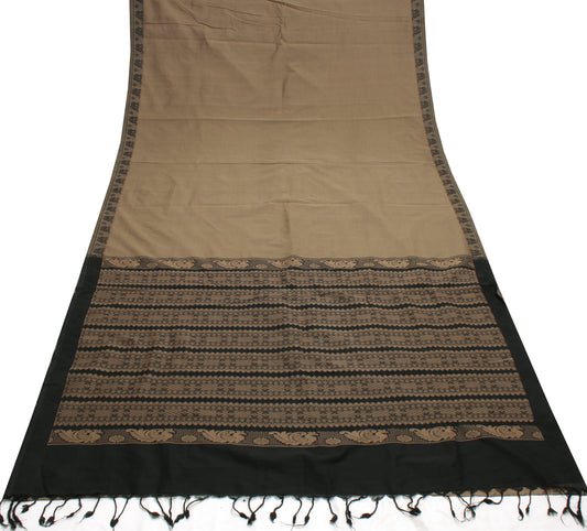 Sushila Vintage Brown Saree 100% Pure Cotton Woven Birds Sari Craft 5 YD Fabric