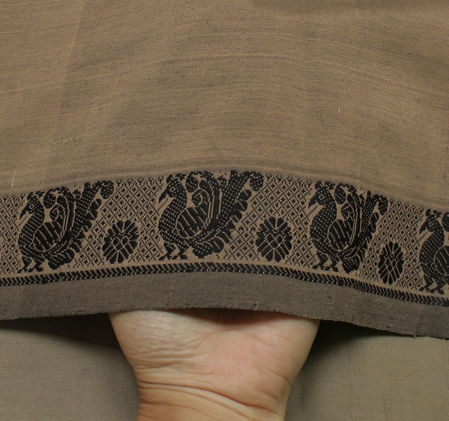 Sushila Vintage Brown Saree 100% Pure Cotton Woven Birds Sari Craft 5 YD Fabric
