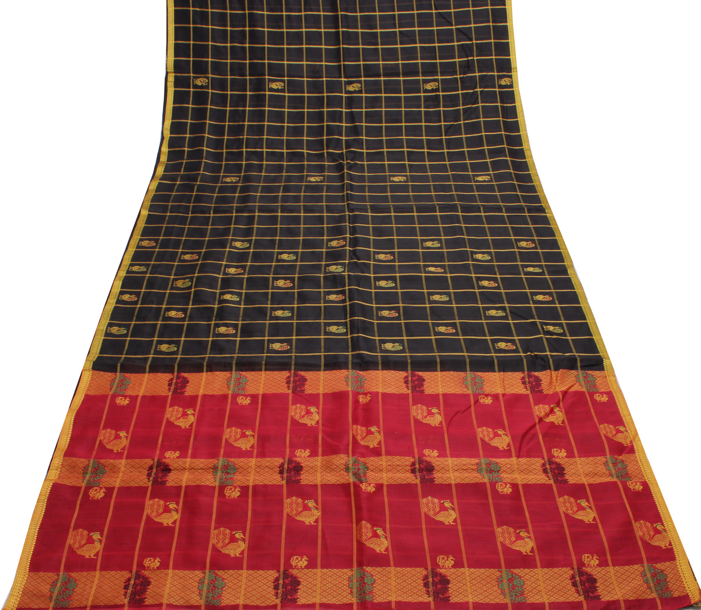 Sushila Vintage Black Saree 100% Pure Cotton Woven Peacock Sari Craft Fabric