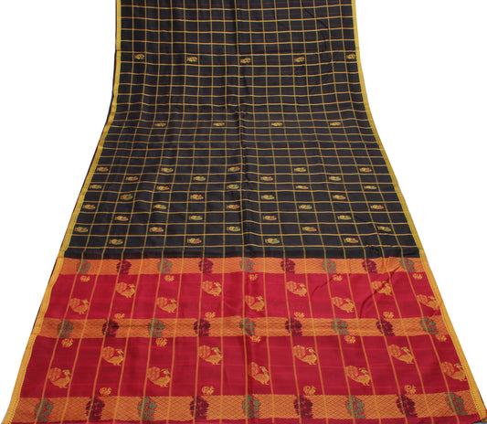 Sushila Vintage Black Saree 100% Pure Cotton Woven Peacock Sari Craft Fabric