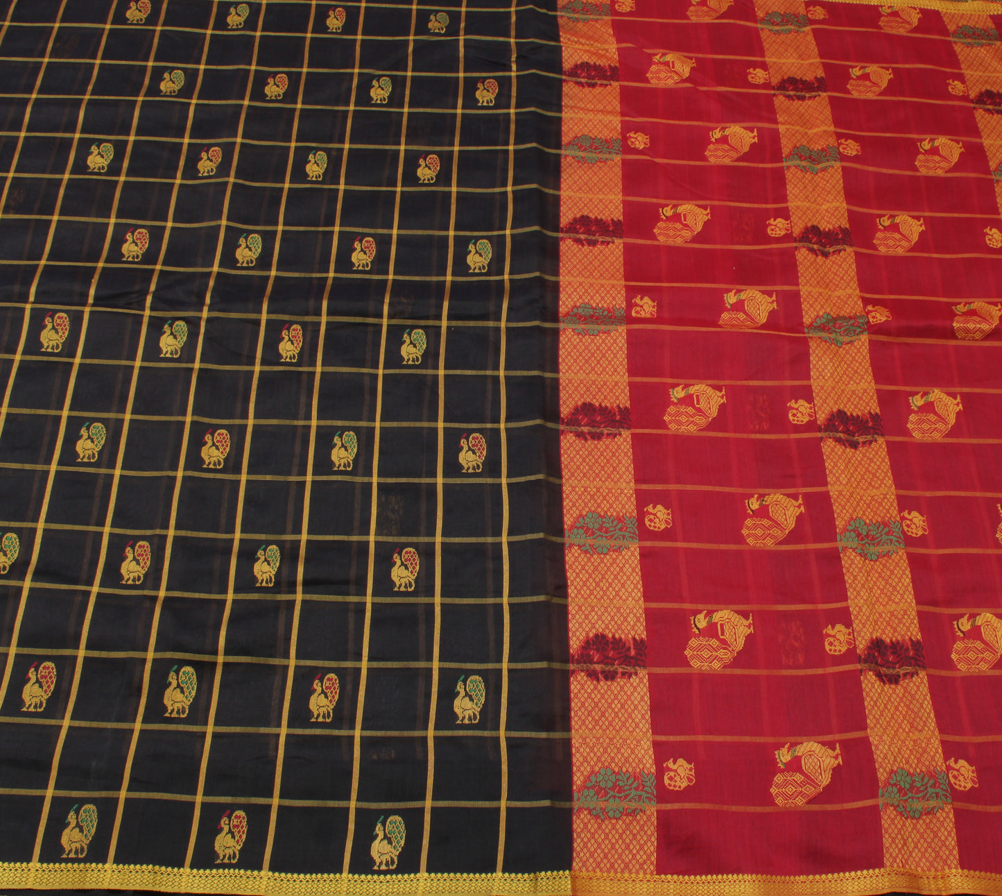 Sushila Vintage Black Saree 100% Pure Cotton Woven Peacock Sari Craft Fabric