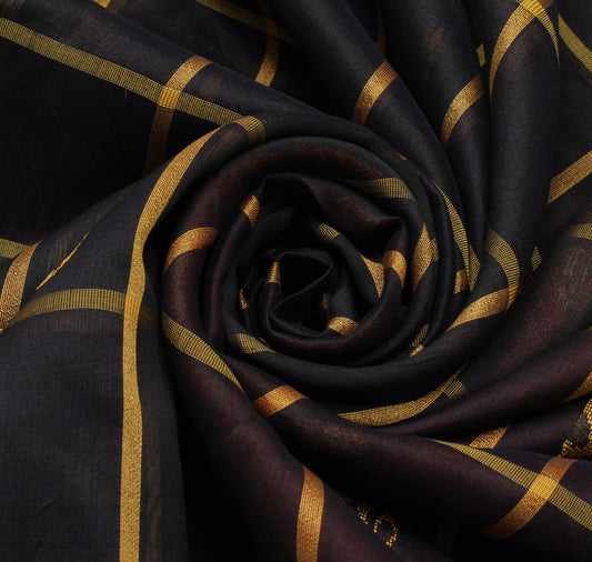Sushila Vintage Black Saree 100% Pure Cotton Woven Peacock Sari Craft Fabric