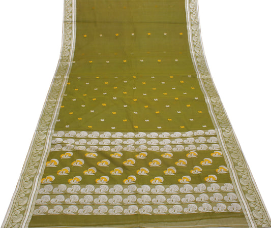 Sushila Vintage Green Saree 100% Pure Cotton Woven Floral Sari Craft Fabric