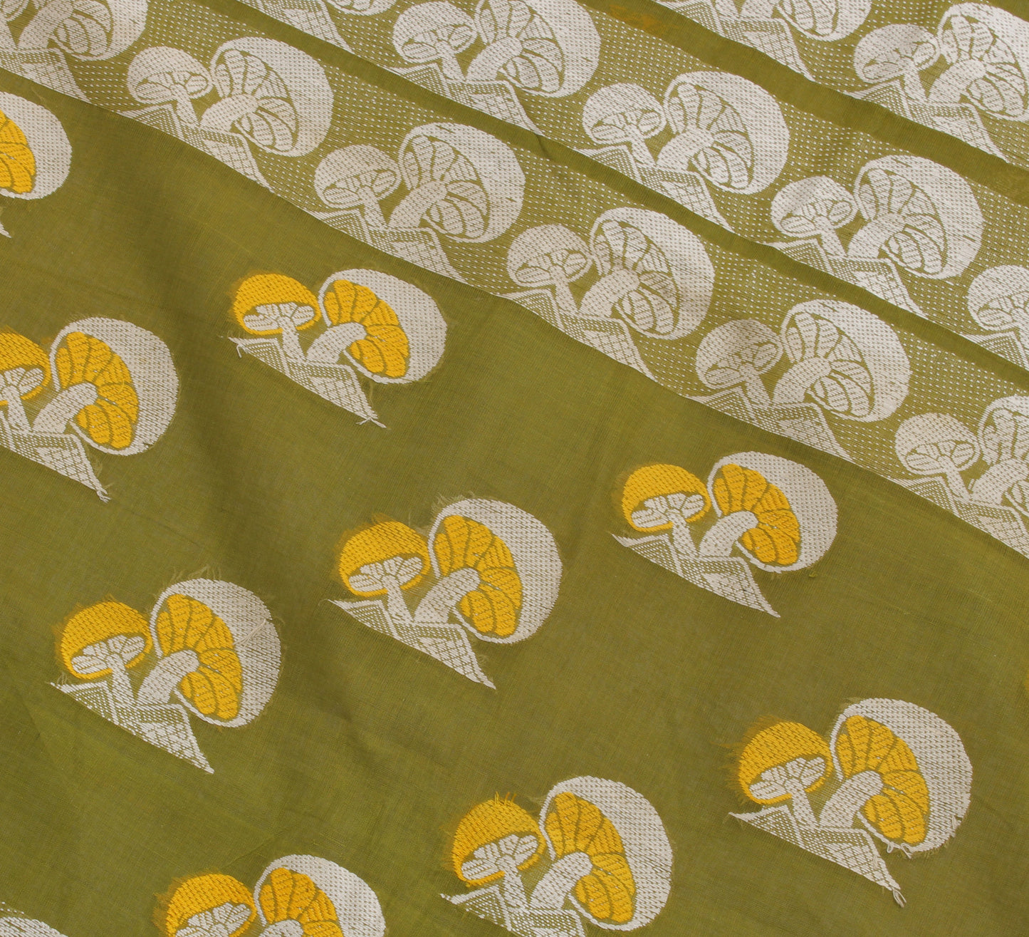 Sushila Vintage Green Saree 100% Pure Cotton Woven Floral Sari Craft Fabric