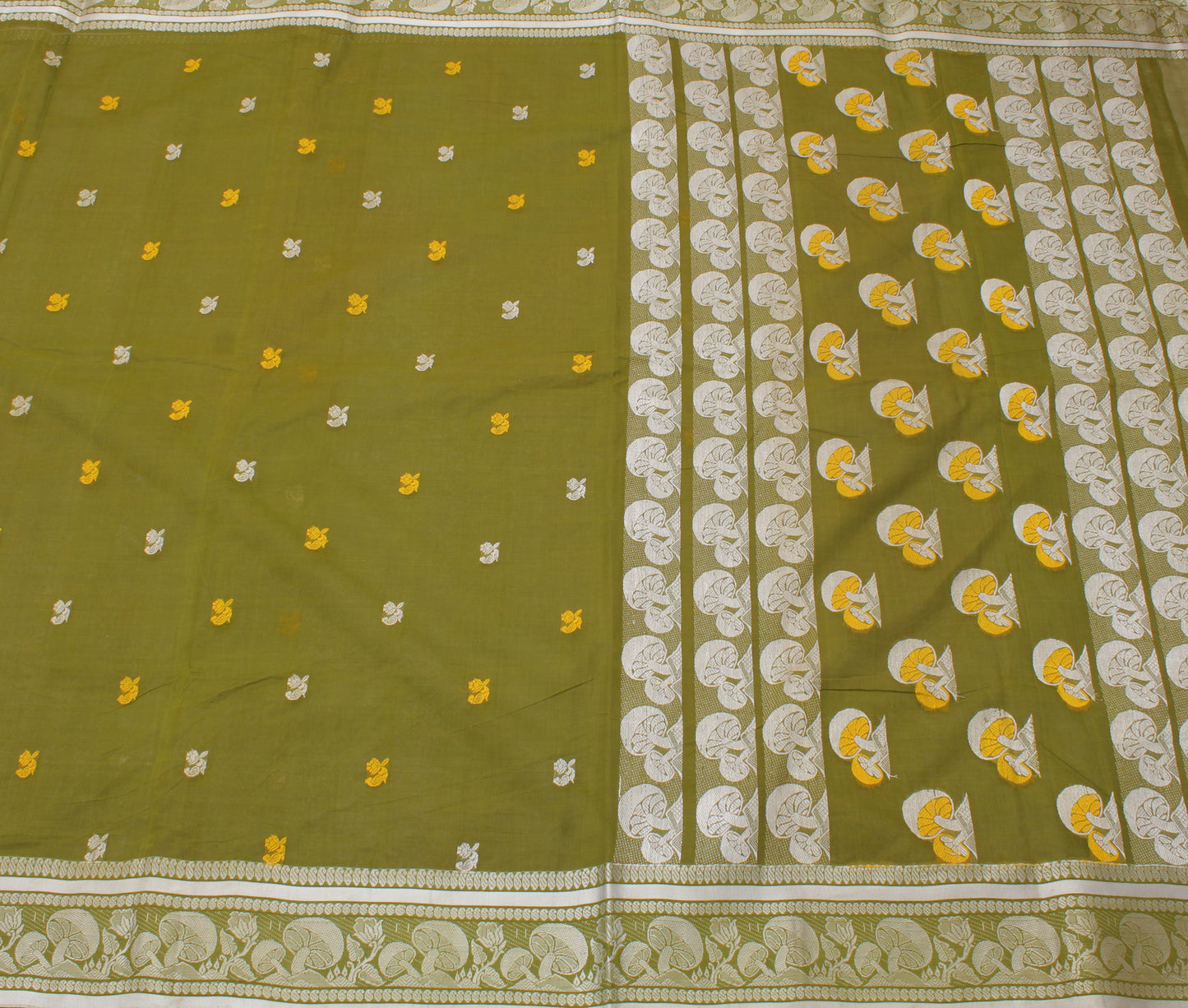 Sushila Vintage Green Saree 100% Pure Cotton Woven Floral Sari Craft Fabric