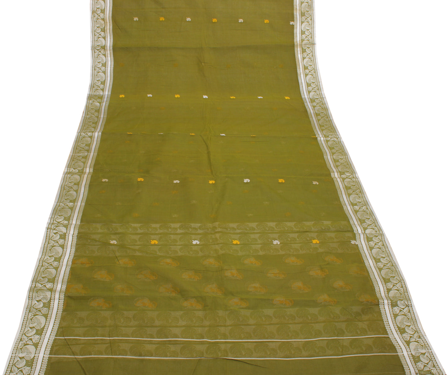 Sushila Vintage Green Saree 100% Pure Cotton Woven Floral Sari Craft Fabric