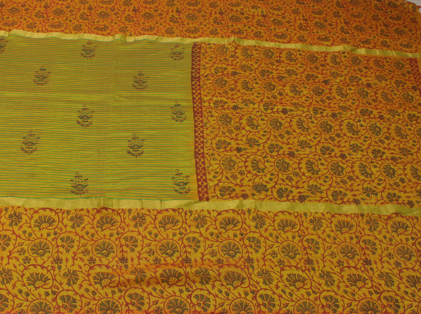 Sushila Vintage Green Saree Pure Silk Printed Floral Sari Craft 5 Yard Fabric