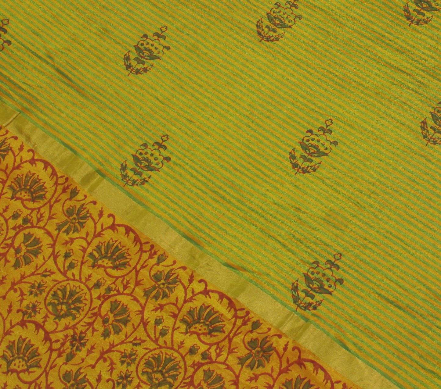 Sushila Vintage Green Saree Pure Silk Printed Floral Sari Craft 5 Yard Fabric