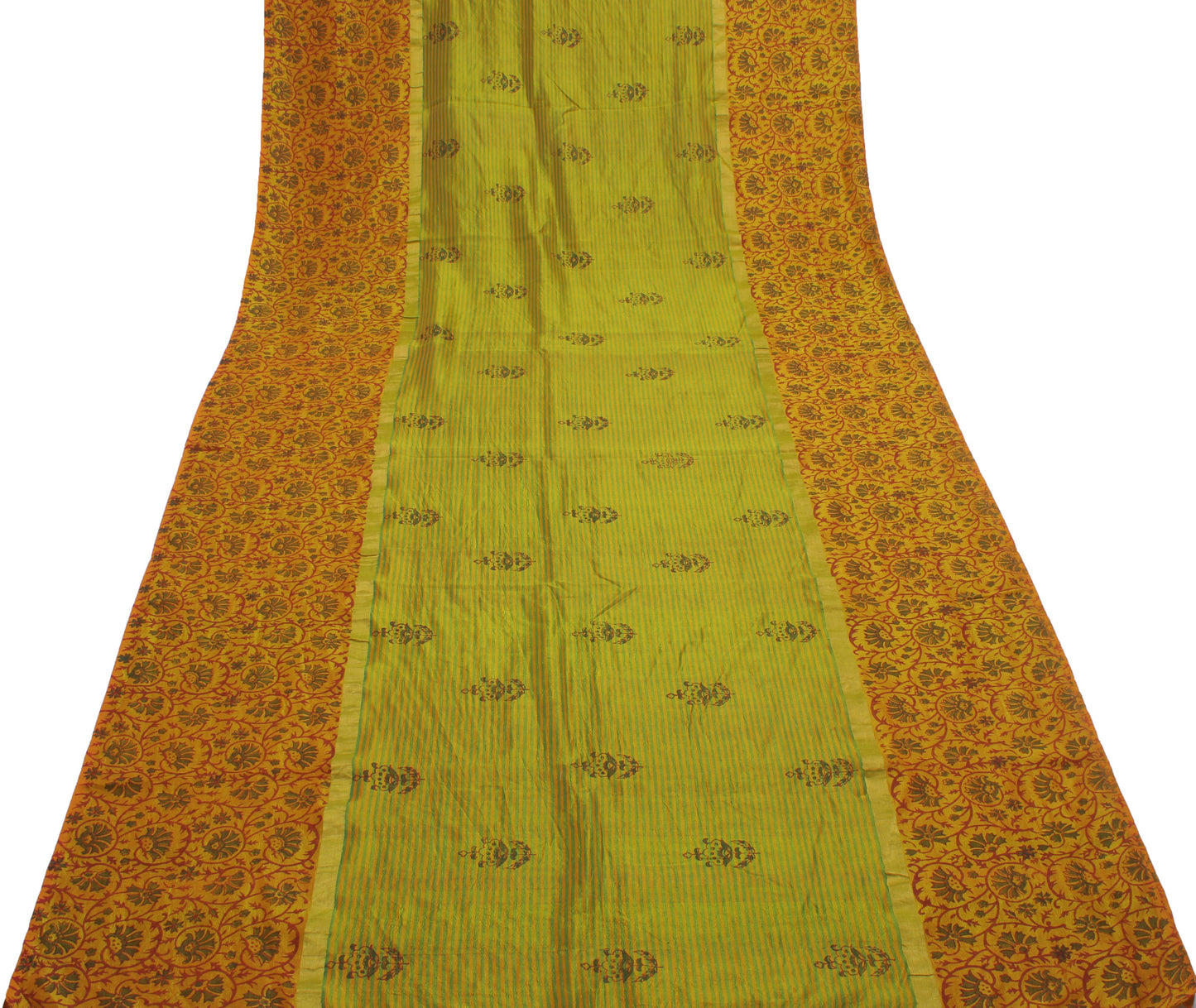 Sushila Vintage Green Saree Pure Silk Printed Floral Sari Craft 5 Yard Fabric