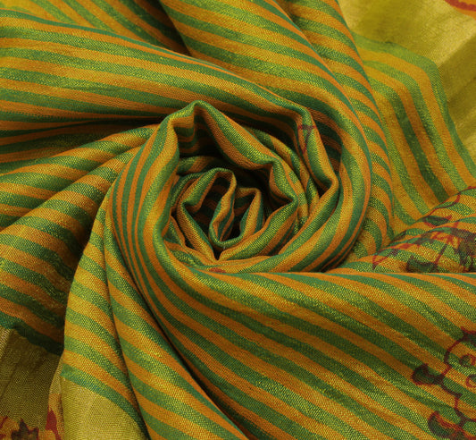 Sushila Vintage Green Saree Pure Silk Printed Floral Sari Craft 5 Yard Fabric