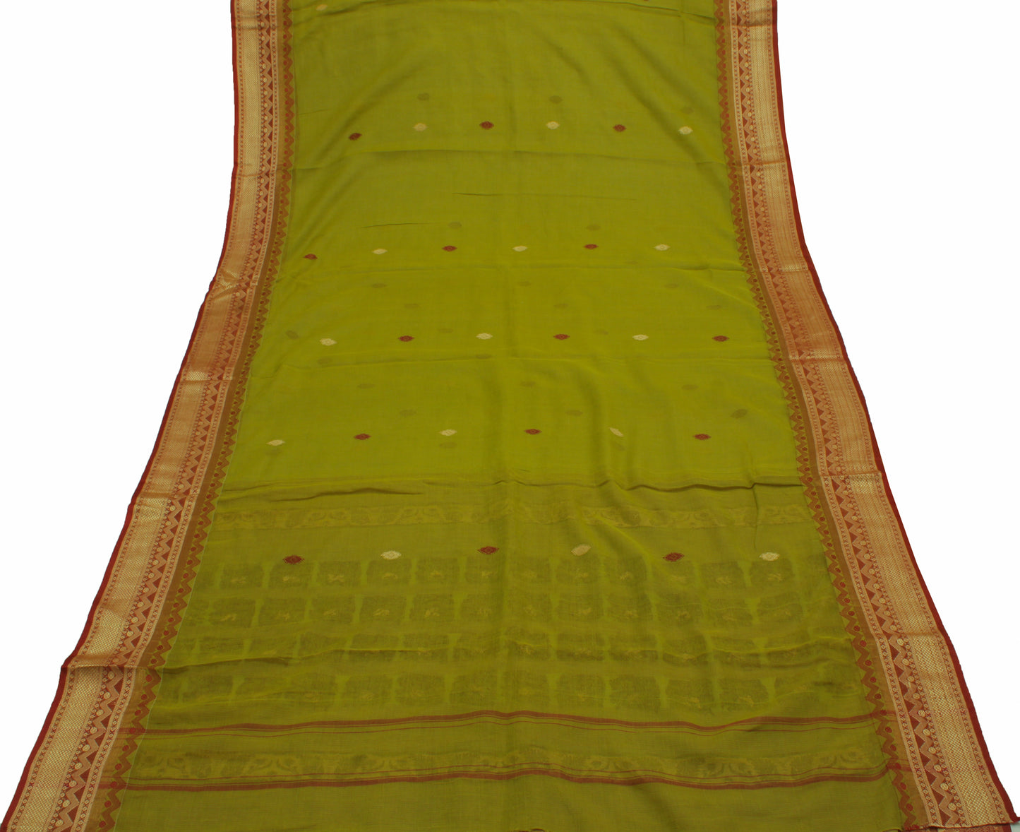 Sushila Vintage Green Indian Saree Pure Cotton Woven Floral Sari Craft Fabric