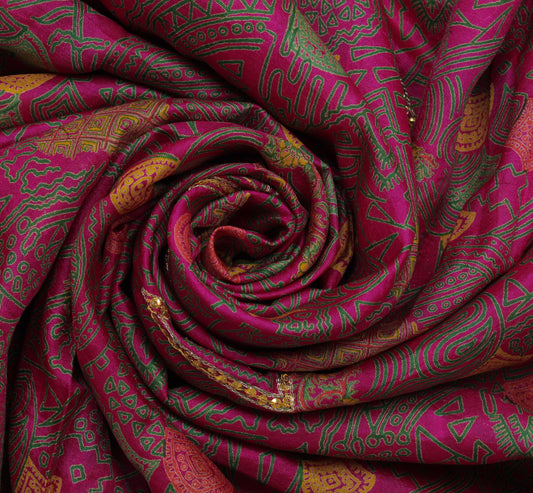 Sushila Vintage Purple Saree Pure Silk Printed & Aari Work Sari Craft Fabric