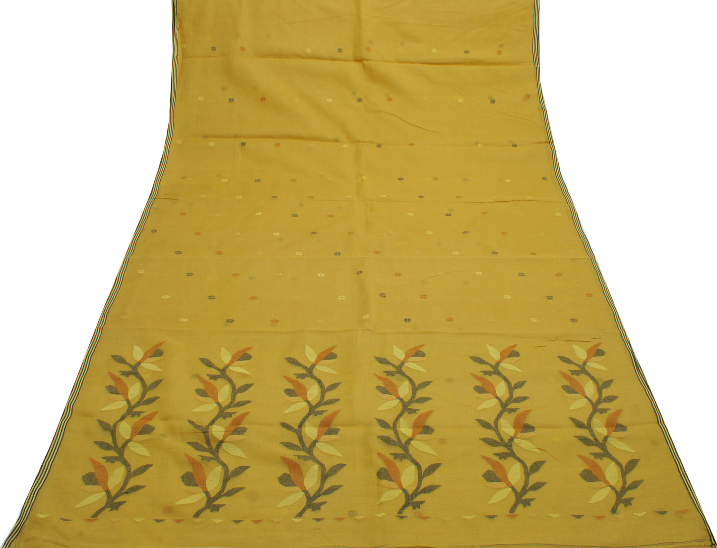 Sushila Vintage Green Saree 100% Pure Cotton Woven Floral Sari Craft Fabric