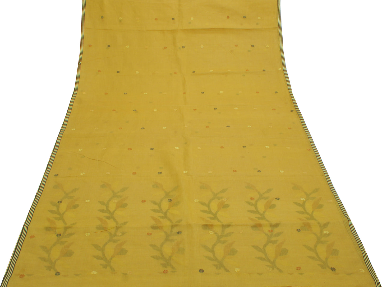 Sushila Vintage Green Saree 100% Pure Cotton Woven Floral Sari Craft Fabric
