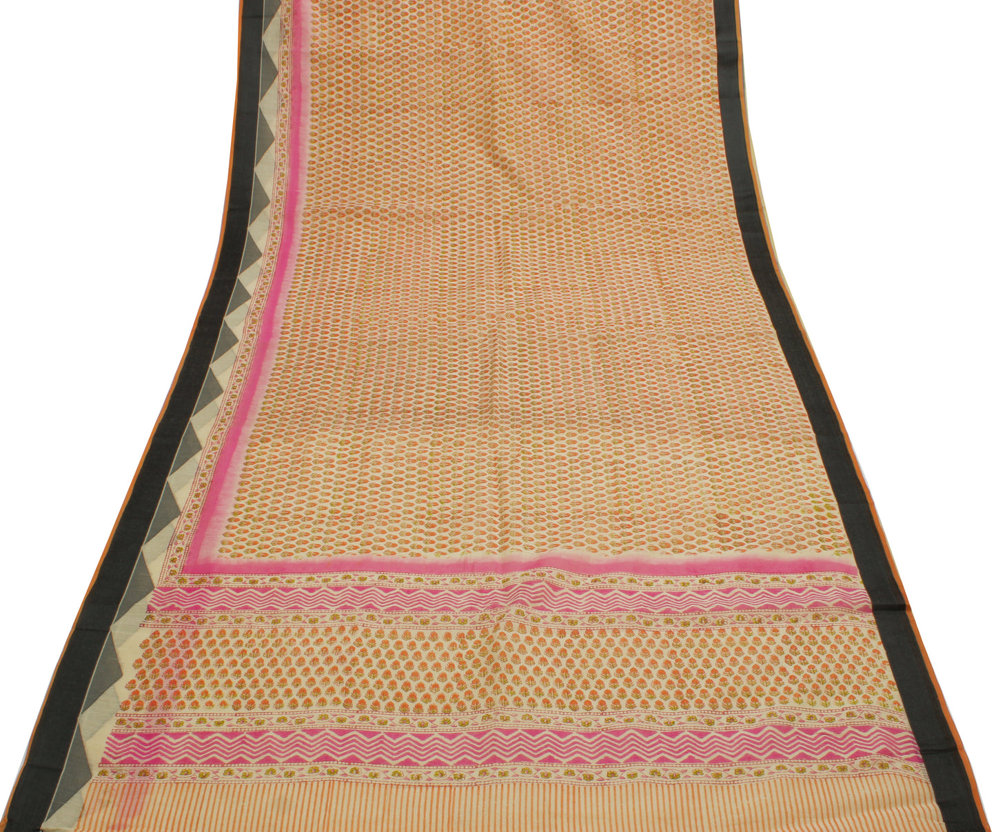 Sushila Vintage Cream Saree Blend Cotton Hand Block Printed Floral Sari Fabric