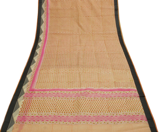 Sushila Vintage Cream Saree Blend Cotton Hand Block Printed Floral Sari Fabric