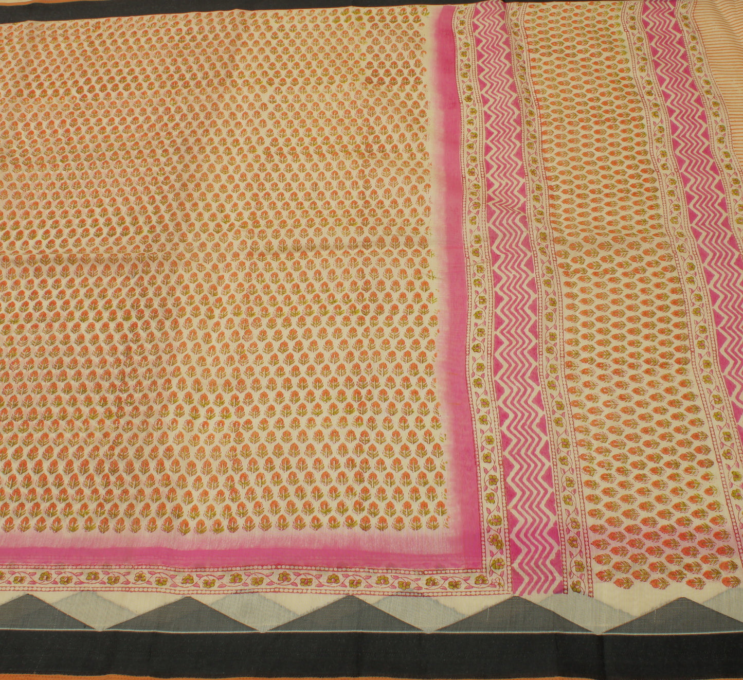 Sushila Vintage Cream Saree Blend Cotton Hand Block Printed Floral Sari Fabric