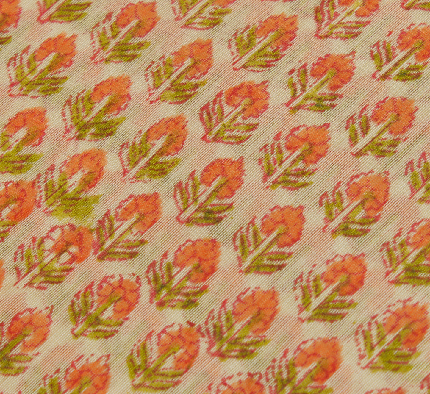 Sushila Vintage Cream Saree Blend Cotton Hand Block Printed Floral Sari Fabric