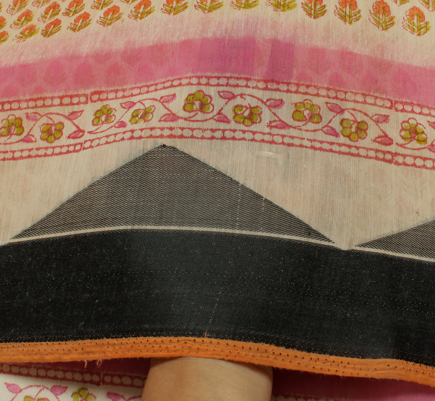 Sushila Vintage Cream Saree Blend Cotton Hand Block Printed Floral Sari Fabric