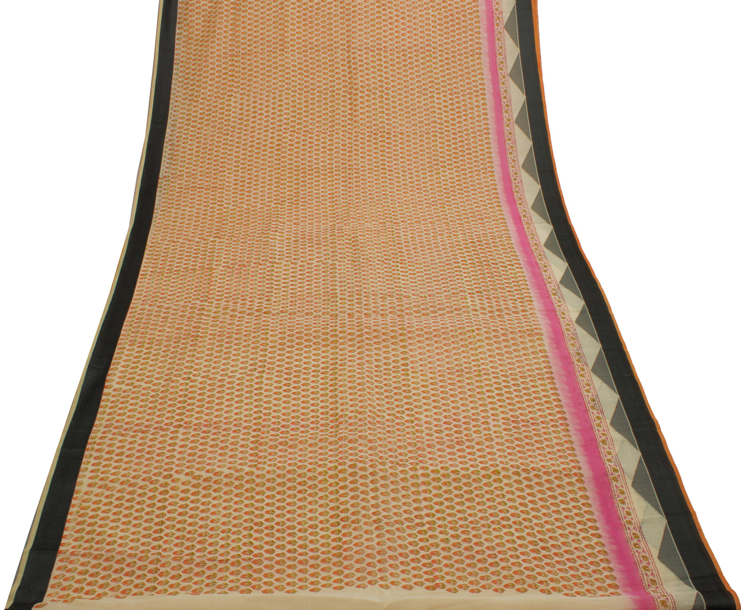 Sushila Vintage Cream Saree Blend Cotton Hand Block Printed Floral Sari Fabric