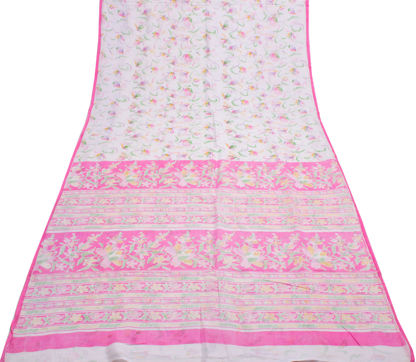 Sushila Vintage White Indian Saree 100% Pure Cotton Printed Floral Sari Fabric