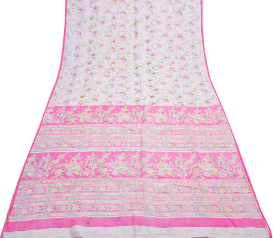 Sushila Vintage White Indian Saree 100% Pure Cotton Printed Floral Sari Fabric