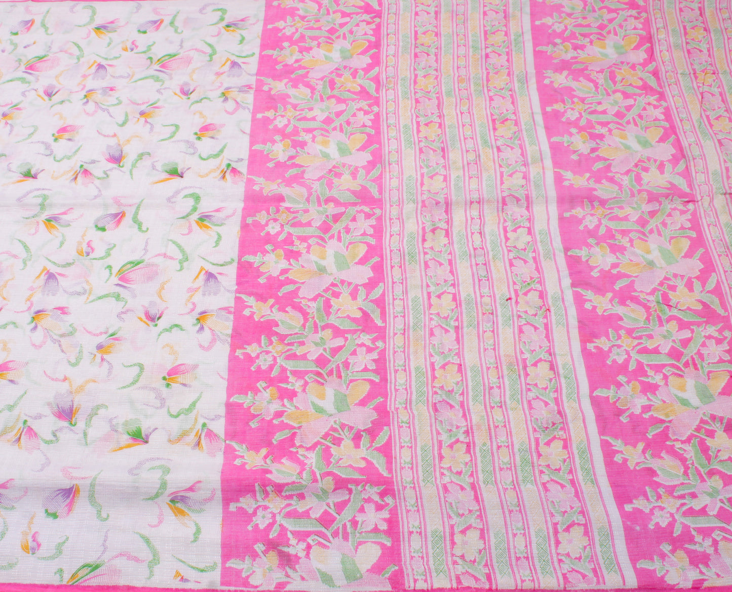 Sushila Vintage White Indian Saree 100% Pure Cotton Printed Floral Sari Fabric