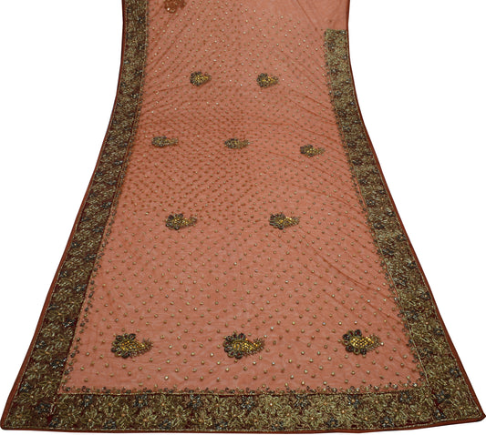 Sushila Vintage HEAVY Brown Saree Net Mesh Embroidered Floral Sari Fabric