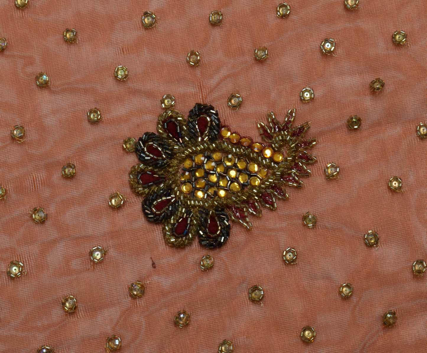 Sushila Vintage HEAVY Brown Saree Net Mesh Embroidered Floral Sari Fabric