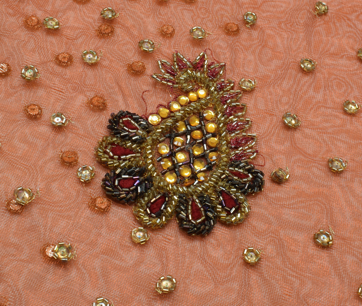 Sushila Vintage HEAVY Brown Saree Net Mesh Embroidered Floral Sari Fabric