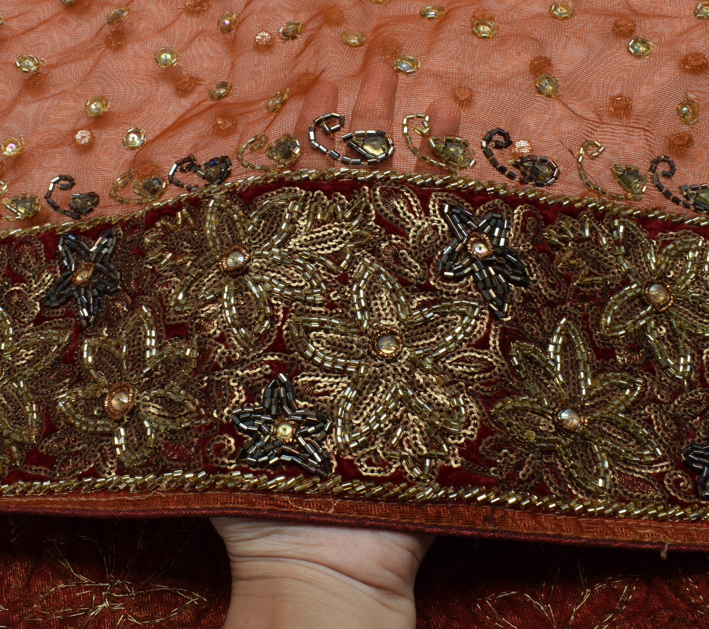 Sushila Vintage HEAVY Brown Saree Net Mesh Embroidered Floral Sari Fabric