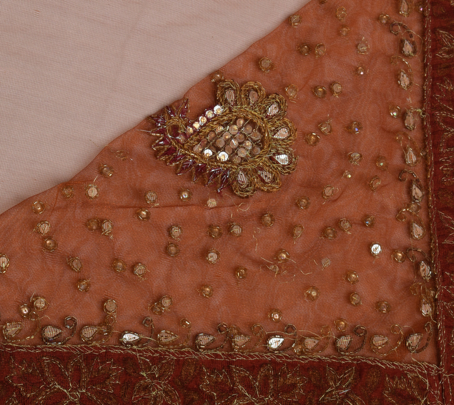 Sushila Vintage HEAVY Brown Saree Net Mesh Embroidered Floral Sari Fabric