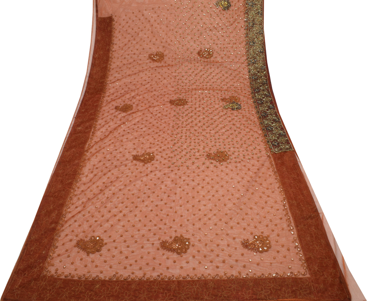 Sushila Vintage HEAVY Brown Saree Net Mesh Embroidered Floral Sari Fabric