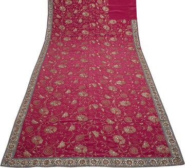 Sushila Vintage HEAVY Pink Saree Pure Crepe Silk Embroidered Floral Sari Fabric