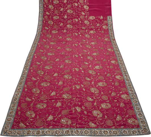 Sushila Vintage HEAVY Pink Saree Pure Crepe Silk Embroidered Floral Sari Fabric